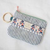 【ストライプ×ティールグリーン】レトロ刺繍リボンのティッシュケース付きミニポーチ / ポケットティッシュケース