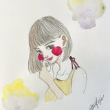 すみれ色のショートカットの女性 透明水彩 B5 原画