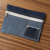 ぺたんこポーチ ☆ 岡山デニム【淡ベージュ×ゴールド】　セルビッチ　ヒッコリー　赤耳　ポーチ　小物入れ