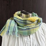 東炊き リネンのストール　チェック　ミント×イエロー