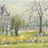 パリを散歩(油絵0号、原画、春、キャンバス、フランス)