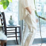 Organiccottonジャガード織葉模様  両サイドポケット付テーパードパンツ