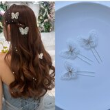 蝶々のヘアピン3本セット＊ホワイトゴールド＊ラメ刺繍の二枚羽バタフライ＊結婚式・成人式・卒業式に