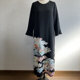 No.174 ロングワンピースM〜L11号留袖ドレス着物リメイク袖口フリル