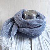 数量限定 上質リネン シングルガーゼのストール　ネイビー×白