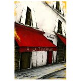 風景画 パリ 油絵「赤いひさしのあるレストラン」