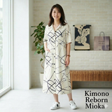 KR-10【1点物】着物リメイク・シャツワンピース　 / モダンな幾何学模様 / ホワイト×ブラック　OP-08-6006