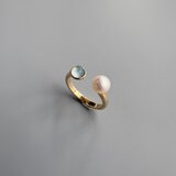 3月誕生石〜アクアマリンとパールフォークリング指輪２粒リング