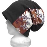 和柄[唐獅子(ブラウン)]ルーズワッチキャップ◆コットンニット／ブラック　◇ゆったりサイズ・小顔効果・オールシーズン着用◇