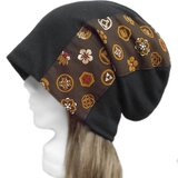 和柄[家紋柄(ブラウン)]ルーズワッチキャップ◆コットンニット／ブラック　◇ゆったりサイズ・小顔効果・オールシーズン着用◇