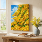 F4号お部屋に春の光を。油絵【風とはずむミモザ】玄関やリビングを彩る花の絵