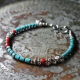 筒型ターコイズと金赤ホワイトハーツ、カレンシルバーのブレス