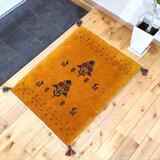 ペルシャ ギャッベ　玄関マット　ラグ　84x62cm　黄金色　花　ヤギ　羊　生命の木　RJ15218