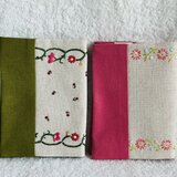 花刺繍のブックカバー（文庫本サイズ）・グリーンティ/ローズピンク