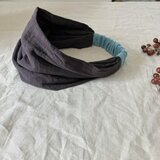 ふわふわスラブダブルガーゼのヘアバンド　ダークブラウン×スモークミント　ヘアターバン