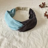 ふわふわスラブダブルガーゼのツイストヘアバンド　サイズS/M/L　スモークミント×ダークブラウン×サンドベージュ
