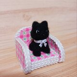 ハンドメイド 羊毛フェルト　 ミニチュア 黒猫 ぬいぐるみ ソファセット