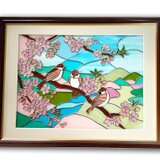 雀が集う桜のハーモニー　ステンドグラス風アート