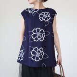 浴衣のフレンチ袖Aラインブラウス（花・M）