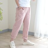 【新色】ベーシックデザイン リネンパンツ：珊瑚色