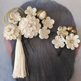 【丹後ちりめん正絹】つまみ細工 髪飾り 13点セット 生成り×ゴールド 結婚式 白無垢 和装婚 成人式 振袖