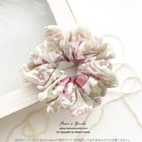 《ふんわりオパールに透ける花》☘️ピンパーネル ウィリアムモリス グリーン ピンク ボリューム シュシュ ヘアゴム