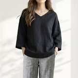 シンプルながら着映えする大人ブラック＊襟はすっきりVネック＊リネン100%＊選べる丈＊M〜3L