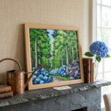 油絵「青と紫の幻想回廊」あじさい 額縁付／絵画 紫陽花 新緑 初夏 インテリア 壁掛け 原画