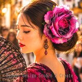 大輪のローズピンク薔薇のフラメンコ髪飾り｜舞台映え 上質レース フローレス 社交ダンス 発表会 和装にも