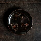 黒に花唐草◆時代物　漆芸蒔絵中皿　漆器　骨董/antiques 古民家　古道具　明治期