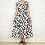 さらりと着たい、大人の花柄ワンピース　Vネックフリルワンピース　ブラック