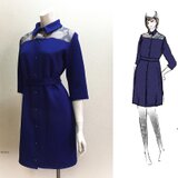【1点もの・デザイン画付き】濃ブルージャージー系ニットイタリア製ゴブラン織り切り替えシャツ型ワンピース（KOJI TOYODA）