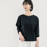 夏の冷房対策にも 上質ポンチ トップス フォーマルOK ボートネック長袖 黒｜CORALIE-BOAT-BK