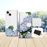 iPhone専用 手帳型スマホケース 【内側色：ホワイト仕様】カメラ穴有【水彩調あじさいと白猫】名入れ可