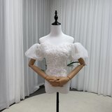 ボレロ オフショルダー パフスリーブ 上品花レース キラキラスパンコール くるみボタン 結婚式