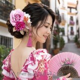 モーブピンクの薔薇とローズピンクのカーネーションのフローレス髪飾り｜フラメンコ・ダンス・パーティー・フォーマル・和装