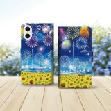 Android シンプル手帳型スマホケース（カメラ穴あり/はめ込みタイプ）【水彩調花火とひまわり】名入れ可
