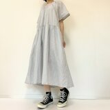 軽くて涼しい半袖ワンピース＊爽やかグレイッシュブルーのピンストライプ＊ゆったり大きいサイズ＊ポケット付＊ヒッコリーグレー