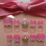 ピンク×レース×ビジュー　ネイルチップ
