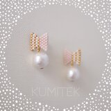 【受注製作】しましまリボンとコットンパールのノンホールピアス