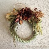 お正月 ダリアのアンティークしめ縄リース