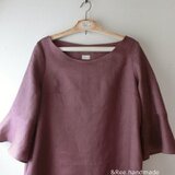 ☆麻ピンクグレー・袖口フレアシンプルワンピース