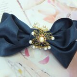 サテンリボン＆ワイヤーレースジュエリー飾りのバレッタ☆*:.ネイビー