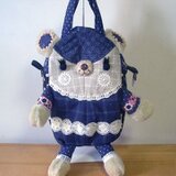 くまボストンＢＡＧ（立体タイプ）紺格子リネンと刺繍生地の画像