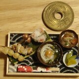 ★月見うどん＆串と鮭おにぎり・ブロンズひょうたん