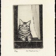 手作り額付き銅版画作品　title「たび猫」「たち猫」「日は登る猫」3枚セット」 即納】 手作り額付き銅版画作品 title「たび猫」「たち猫」「日
