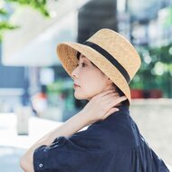 maxim 麦わら帽子　リボン　ボーダー　カサブランカハット　ナチュラルツートン maxim マキシン カサブランカ リボンハット 麦わら帽子 ストロー