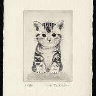 手作り額付き銅版画応用絵画　title「ひょっこり猫」 手作り額付き銅版画作品 title「ひょっこり猫」