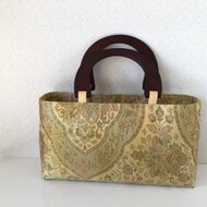 縫わない帯バッグ ピンクx薔薇x十二単x御所車x口金 本革赤色持ち手