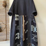 古布リメイク 藍染＋絣切り替えワンピース 藍染 久留米絣 絵絣